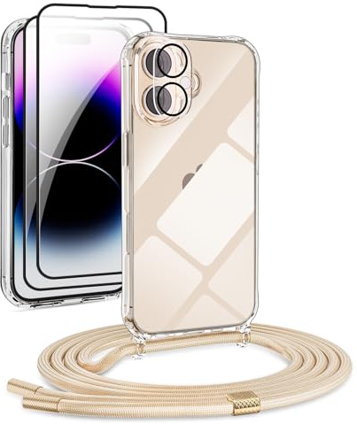 DiDaDi 5 in 1 Handykette Set Für iPhone 17 Hülle mit Band Transparente Handyhülle Abnehmbare Schutzhülle mit Lanyard, 2X Panzerglas & Kameralinse Film (Gold)