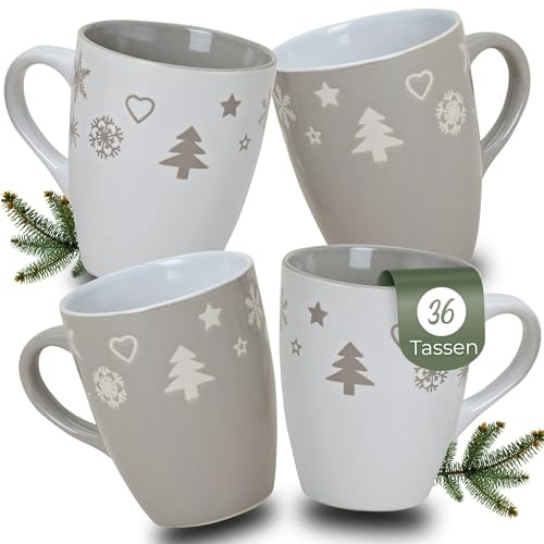 Schöne Weihnachtstassen im 36 Stk. Karton - Große 300 ml Weihnachtsmotiv Kaffee-Tassen in grau, weiß