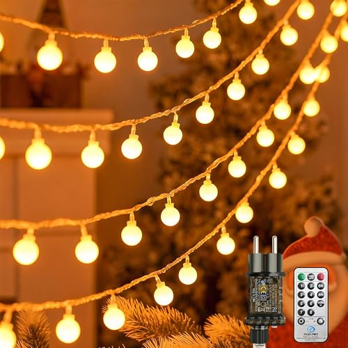 SOAIY LED 10M 80LEDs Kugel Lichterkette Außen Innen dimmbare Lichterkette | mit Stecker 8 Modi Fernbedienung Timer IP44 Lichterkette Strombetrieben für Balkon Garten Weihnachten Hochzeit Party Warmweiß