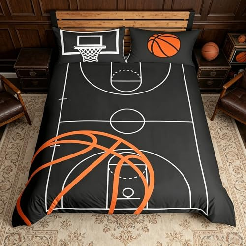 feelingyou Basketball Kinder Bettdecke M Größe Orange Ball Weißer Hof Troster Abdeckung für Jungen Mädchen Sportspiele Bettwäsche Set(1 Kissenbehälter)