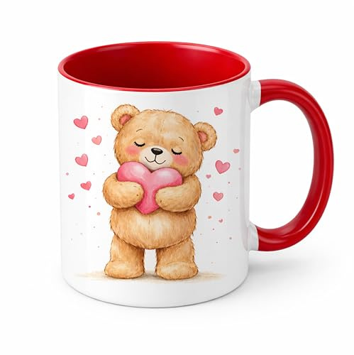 Brew Crew Gifts Love Heart Teddy Bear Mug, White Ceramic Coffee Mug with Watercolour Bear Design, Gift for Love and Friendship (Red)