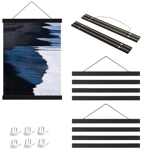 TIANLIN 3 Pièces Porte-Affiches Magnétiques A3 (31 cm) en Bois Noir | Cadre Aimanté Mural avec Cordelette et Clous Invisibles – Idéal pour Poster, Photo, Affiche