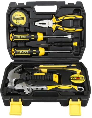 DOWELL Kit de 10 herramientas pequeñas, mini juego de herramientas portátil, kit de herramientas de reparación para el hogar con caja de herramientas de plástico