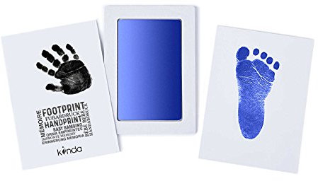 Baby Fuß- oder Hand-Abdruckset CleanTouch von kiinda | Stempelkissen mit 2 hochwertigen Druckkarten | Inkless - Babyhaut kommt nicht mit Farbe in Berührung (blau)