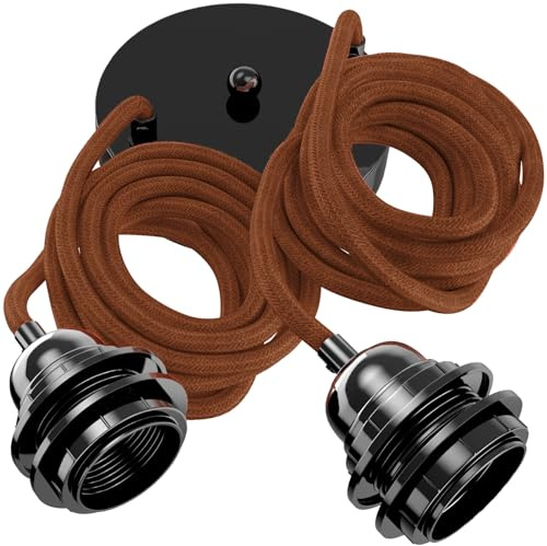 Hoopzi Hang Pendelleuchte, 2-flammig, 2,5 m Leinenkabel | E27-Bakelitfassung, Stahlbaldachin, DCL-kompatibel, für Schlafzimmer, Wohnzimmer und Küche, Farbe: Ziegelrotes Leinen