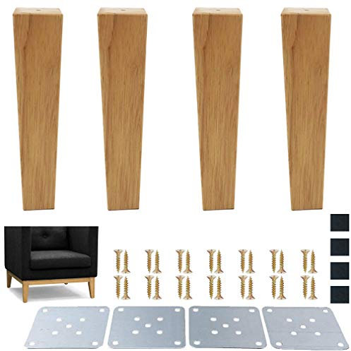 4 Stück Massivholz Möbelbeine,Eckig Eiche Möbelfüße TV-Schrankbeine,Trapez Pyramide Ersatz Sofafüße,für Kommode,Couchtisch,Bett,Ottomane,Holzfarbe,mit Montageplatte und Schrauben (20cm/7.9)