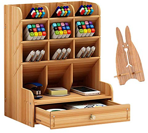 Mnkyer Organisateur de bureau en bois, porte-stylos multifonctionnel, support de rangement pour l'école, la maison, le bureau et les fournitures d'art (Cerise)