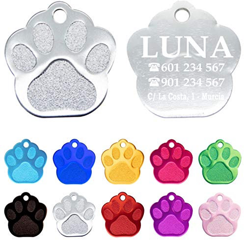 Ibera Gifts - Chapa Perro Grabada en Forma de Pata, Placa Perro Personalizada para Perros y Gatos Pequeños y Medianos, Tamaño 27 x 29 mm, Chapa Identificativa Perro y Gato (Plateada)
