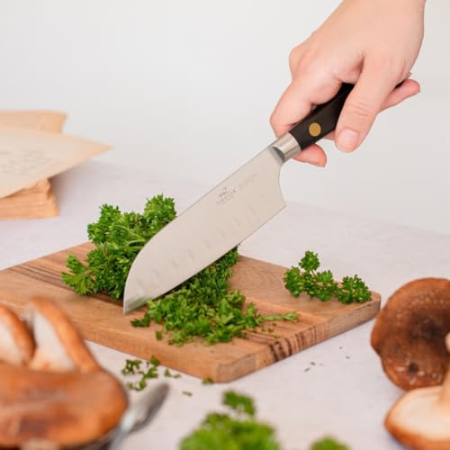 SABATIER – IDEAL Mini-Santokumesser, 100% geschmiedet – 13 cm – Klinge aus Edelstahl mit Wabenstruktur und Messingnieten – Ideal zum präzisen Schneiden, Hacken und Zerklei