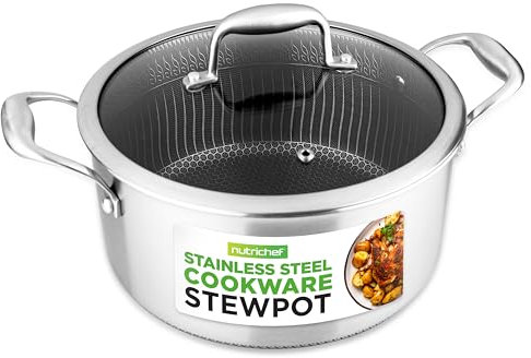 Nutrichef Olla para Guiso de Acero Inoxidable de 5 QT - Olla para Guiso Triplemente Construida con Tapa de Vidrio - Recubrimiento Anti-Adherente DAKIN, Patrón Texturizado de Panal Elevado