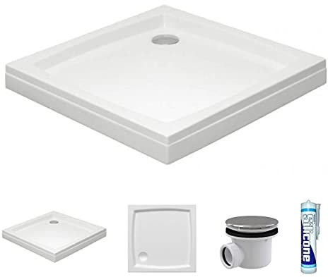ECOLAM® Duschwanne Duschtasse flach Patio2 Viereck quadratisch 80x80 x16 cm Tiefe 5 cm Acryl weiß abnehmbare Schürze + Siphon + Silikon (80 x 80 cm)