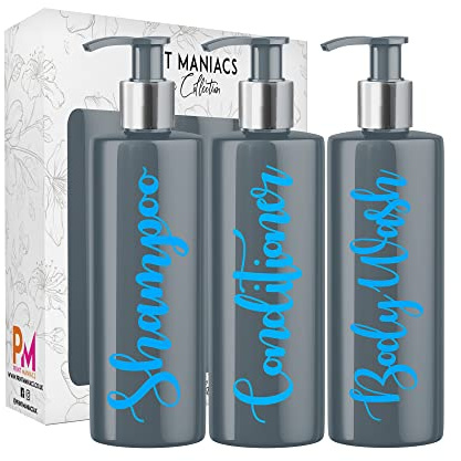 Print Maniacs 3 Set Mrs Hinch Inspired Grey Personalised 500ml Dispenser Pump Bottles Shampoo Conditioner Body Wash (Baby Blue)