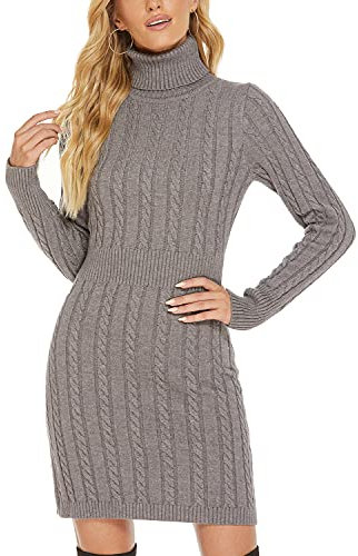 QUNERY Vestito Donna Invernale Elegante,Abito in Maglia Manica Lunga Collo Alto per Autunno,Vestiti Maglione Elasticizzato Casual A-Grigio L