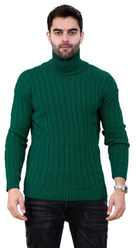 janisramone Mens High Polo Roll Neck Jumper Long Sleeve Cable Knitted Casual Winter Sweater Pullover Bottle Green