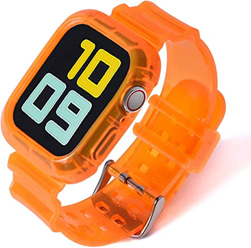 Fleshy Leaf Compatible with Apple Watch Bands Series SE 7 6 5 4 3 2 1, Clear Soft Silicone Strap with Bumper Protective Cases for Apple Watch Series 42/44/45 mm 38/40/41 mm (42/44/45 mm, Orange)