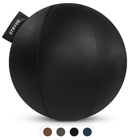 STRYVE Active Ball All Black 65cm – Design Award GEWINNER – Kunstleder-Gymnastikball für Fitness, Yoga, Pilates – Ergonomischer Sitzball fürs Büro, inkl. Luftpumpe & E-Book, belastbar bis 150kg