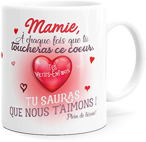 Mug Mamie Je t’Aime Coeur Petits-Enfants Idée Cadeau Original Amour Imprimé en France pour Fête Grand-Mère, Future Mami, Maman Femme Grands-Parents pour Anniversaire Noël ou pour le Plaisir.