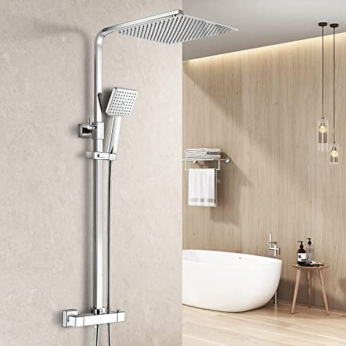 Heilmetz Colonne de Douche Thermostatique, Ensemble de Douche avec Thermostat + Douchette à Main +Tête de douche carrée 30 cm, Système de Douche Hauteur Réglable 80-118 cm