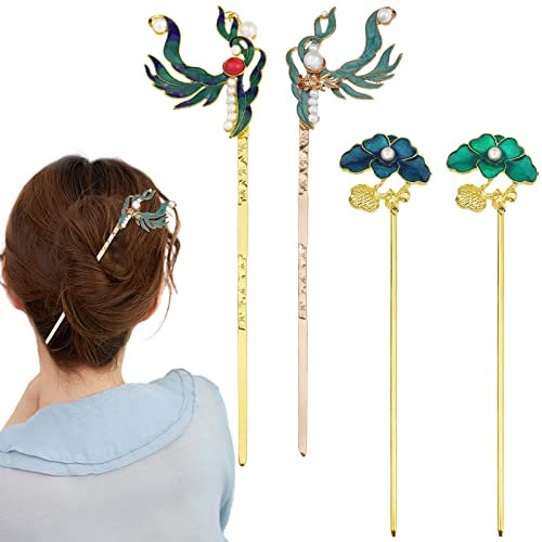 4 Stück chinesische Vintage-Perlen-Haarspange, Lotusblatt-Haarnadel, blaue Blume, Essstäbchen, Chignon-Pin, traditioneller antiker Kopfschmuck, Hochzeits-Haarschmuck für Frauen