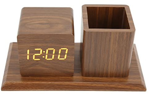 LED Digitaler Holz-Wecker mit Stifthalter, 3 Helligkeitsstufen, Schreibtisch-Deko, Braun
