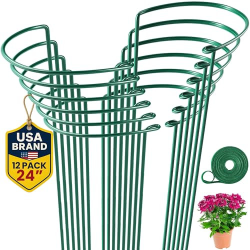 K-Brands 12 Pack Plant Support Stakes – 10 Wide x 24 High Heavy-Duty Half Round Peony Support Ring and Cage for Indoor and Outdoor Plants – Peony, Tomato, Hydrangea, Rose