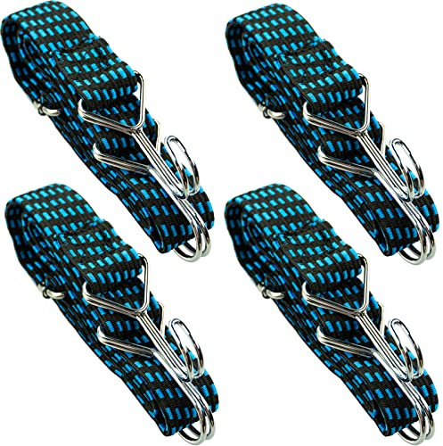 Adjustable Flat Bungee Cords with Hooks, Bungee Straps with Anti-Rust Metal Buckle for Bike Mountain Luggage Rope Latex Heavy Duty Straps Elastic (4 Pack 1M Blue)