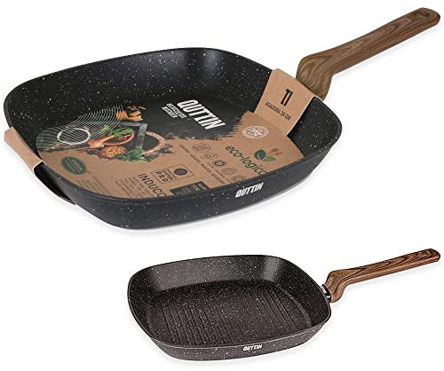 Quttin - Sartén Asadora Antiadherente de inducción Ecologi con Mango. Para todo tipo de cocinas. Aluminio Forjado Doble Capa. Resistente Duradera. Asadora Negra 28 cm