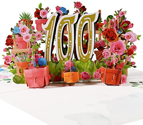 3D Pop-Up Karte 100. Geburtstag oder 100. Hochzeitstag – Elegante Rosenkarte für Jubiläum, Hochzeitsfeier, Geburtstagsfeier, für Eltern, Großeltern, Partner, Freunde – Blumenkarte mit Rosendesign