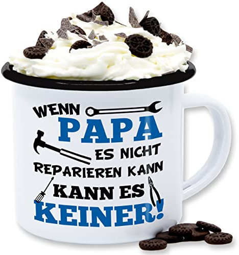 Emaille Tasse Blechtasse - Geschenk zum Vatertag - Wenn Papa es nicht reparieren kann kann es keiner blau - 300 ml - Weiß Schwarz - vatertagsgeschenk handwerker tassen männertag wenns becher daddy