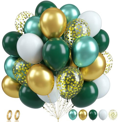 Green Gold Balloons Set, 60PCS Dark Green White Gold Balloon, 12Inch Metallic Green Gold Latex Balloons Gold Confetti Balloon Helium for Jungle Safari Birthday Wedding Party Decoration