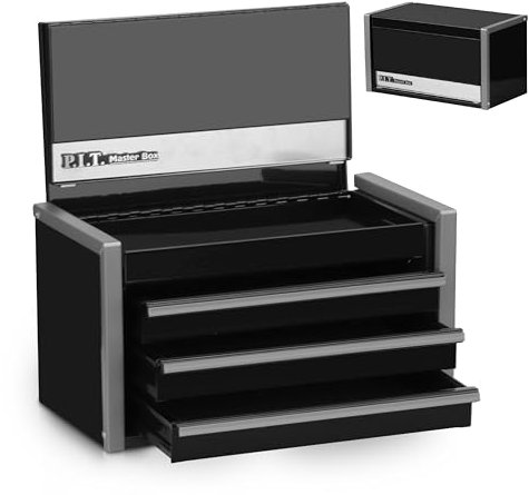 P.I.T. Mini-Werkzeugkasten, tragbar, 3 Schubladen, Stahl, mit magnetischer Verriegelung, Schwarze Mikro-Top-Truhe mit Einsatz für Werkzeugaufbewahrung, Heimwerker