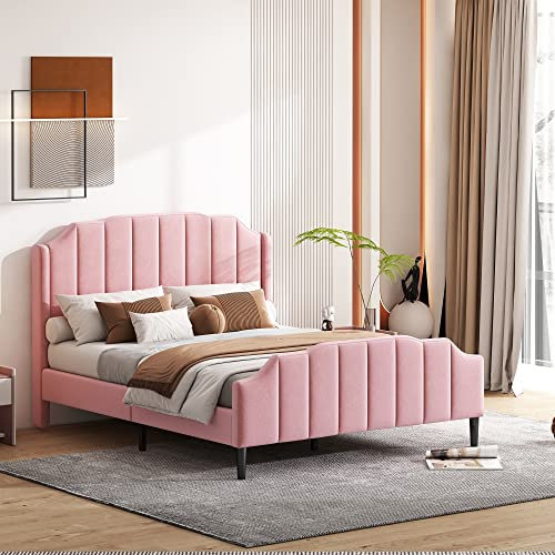 Merax Polsterbett 140 x 200 cm Bettrahmen mit Kopfteil und Lattenrost, Kinderbett mit Fußteil für Junge & Mädchen, Spanplatte, Samt gepolstertes Doppelbett Jugendbett Gästebett, Rosa, ohne Matratze