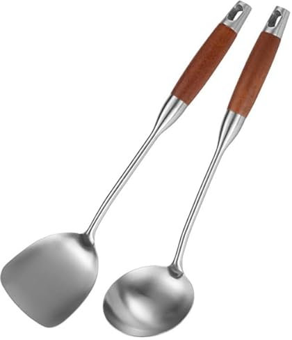 Plmvhpb Stainless Steel Spatula for Carbon Steel, Stainless Steel Wok Spatula Metal, Wok Tool Set, Soup Ladle with Wooden Handle (2 Pieces), Kitchen Accessories