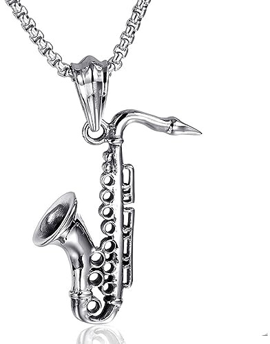 Saxophon-Halskette für Männer, Hip Hop Saxophon Halskette, Jazz-Musikinstrument-Anhänger-Halskette mit 23,6-Zoll-Kette, Edelstahl-Punk-Rock-Saxophon-Anhänger für Saxophon-Musikliebhaber Schmuck