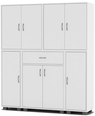 URBNLIVING 8 Door 12 Shelf Bookshelf & 1 Drawer Storage Cabinet Bookcase Cupboard Display (White)