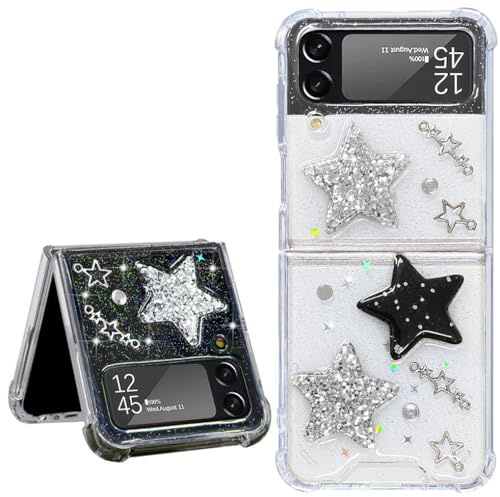 Abbery für Samsung Galaxy Z Flip 4 Hülle Glitzer Dürchsichtig Motiv mit Stern Planet Weltraum Bling Muster Anti-Kratzer Cute Handyhülle Frauen Mädchen Stoßfeste Schutzhülle (Glitzer Stern)
