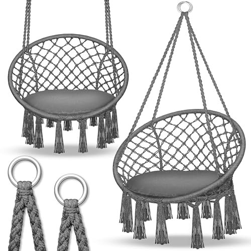 tillvex Silla Colgante hasta 150 kg | Columpio para Colgar en Exterior e Interior | Hamaca con Cuerda, Cojines y Flecos | Kit de Suspensión para Jardín, Terraza, Balcón (Antracita)