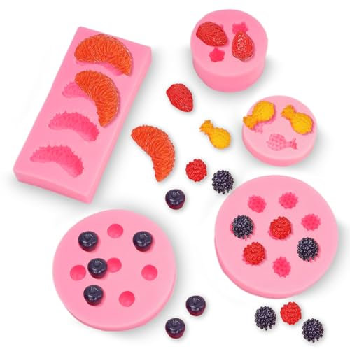 5 Piezas Moldes Silicona Reposteria, Moldes de Silicona para Frutas de Silicona, Molde de Pastel de Frutas, Olde de Silicona 3D, Piña Fresa Naranja Arándano Morera, para Dulces Chocolate Jaleas