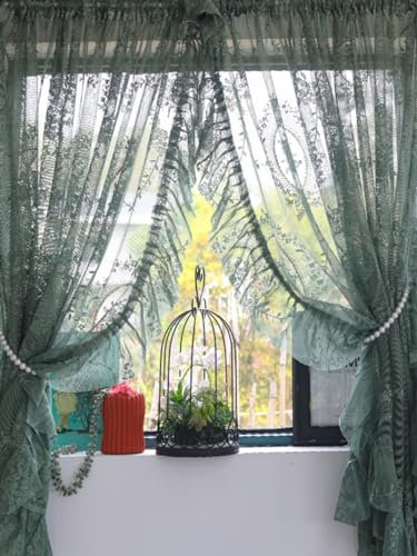 Ricemru Rokoko Scheibengardinen Spitze Vintage Landhaus Blumen Muster Dunkelgrün mit Rüschen Transparent Spitzegardinen Spitzevorhang Voile Bistrogardine Kurzstores Gardinen Wohnzimmer Küche
