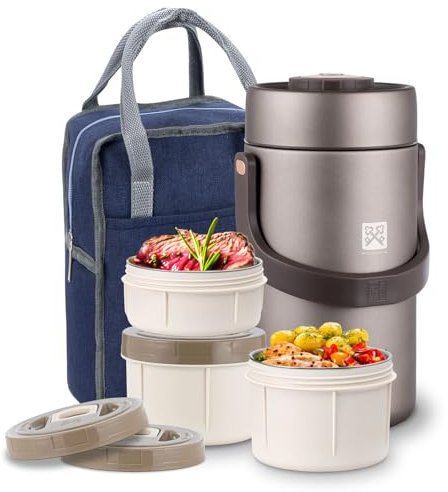 GOLDEN KEY Adults Stainless Steel Vacuum-Insulated Wide Mouth Food Thermos With 3 Storage Container Inserts And Lunch Bag,Hot & Cold Soup Food Thermo Lunch Container,87 Ounce,Coffee Color