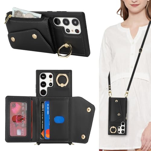 Lipvina Hülle für Samsung Galaxy S23 Ultra Hülle mit Band Kartenhalter handyhülle Hülle für Samsung Galaxy S23 Ultra mit Reißverschluss Band Ring Ständer Case für Frauen - Schwarz