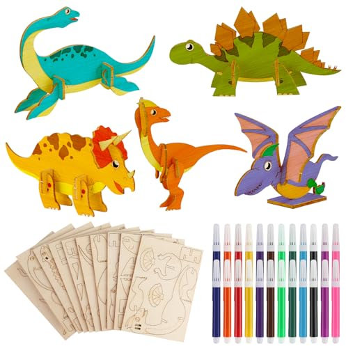 kayqbonke 10 Stück Dinosaurier Holz Bastelset für Kinder, DIY Dino Holzbastelsets mit Bunten Stiften, 3D Dinosaurier Holz Bastelset für Party Dekoration