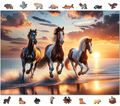 WOODEN.CITY 1000 Piece Wooden Puzzle – Wild Horses on the Beach – 100 Animal-Shaped Pieces – Precision Laser-Cut Wooden Jigsaw Puzzle for Adults – Gift for Horse Lovers