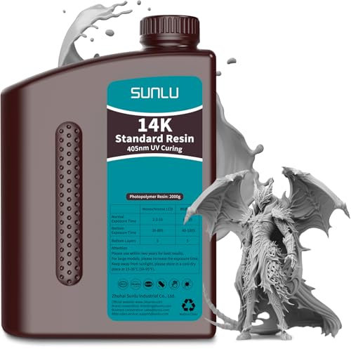SUNLU 14K 3D Drucker Resin, Überlegene Präzision Textur Harz, Schnell Aushärtendes 405nm UV Harz, Glatte Matte Oberfläche, 3D Harz für Die Meisten LCD/DLP/SLA 3D Resin Drucker, 2000g.(Dunkel Grau)