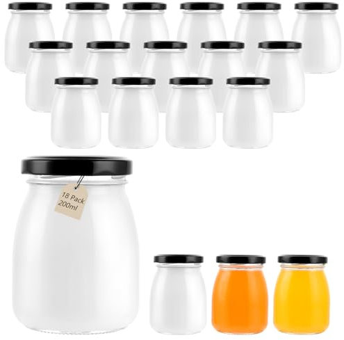 MUXHEL Lot de 18 pots de yaourt de 200 ml avec couvercle noir, petits bocaux en verre, mini bocaux en verre, mini pudding, yaourt, bouteilles en verre pour confiture, miel, gelée, mousse, épices