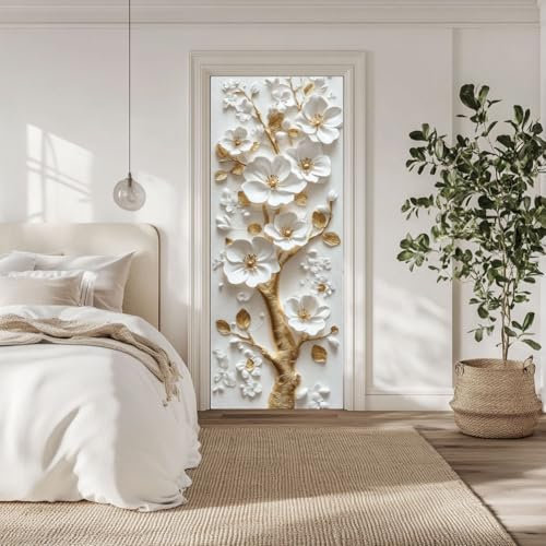 arricraft 2 pz Adesivo per Porta Autoadesivo, 80cmx200cm/31.5X78.7 3D Fiore e Ramo Dorato Adesivi Murali per Porte PVC Carta Da Parati Rimovibile Decorazione per Camere Da Letto Soggiorno