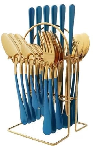 FATASH Cutlery Set for 1-6 People, 24pcs Stainless Steel Silverware with Hanging Stand, Mirror Polished Flatware Spoon, Fork, Butter Knife, Smooth Edges & Dishwasher Safe Dinner Tableware Blue Gold