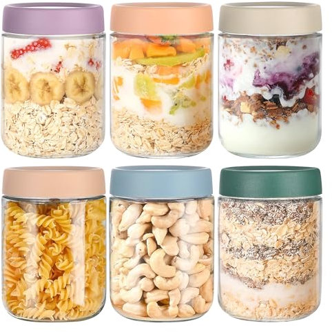 6 Pack Overnight Oats Containers with Lids, Glass Jars with Airtight Lids,Wide Mouth Mason Jars 500ml, Food Glass Storage Containers for Leftover, Snacks Yogurt Spice Suga (6)