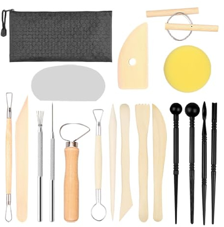 19 Pcs Polymer Clay Tools Clay Sculpting Tools Modeling Clays Tool Set Wood and Metal Polymer Pottery Carving Tool with Storage Bag for Engraving Embossing Shaping