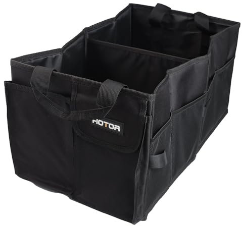 HOTOR Car Boot Oganiser - Large-Capacity Auto Trunk Organizer with 2 Compartments, Foldable Storage for SUVs, Sturdy Car Accessories for Men Tools Camping, Black, 53.8 × 31.7 × 26.6 cm